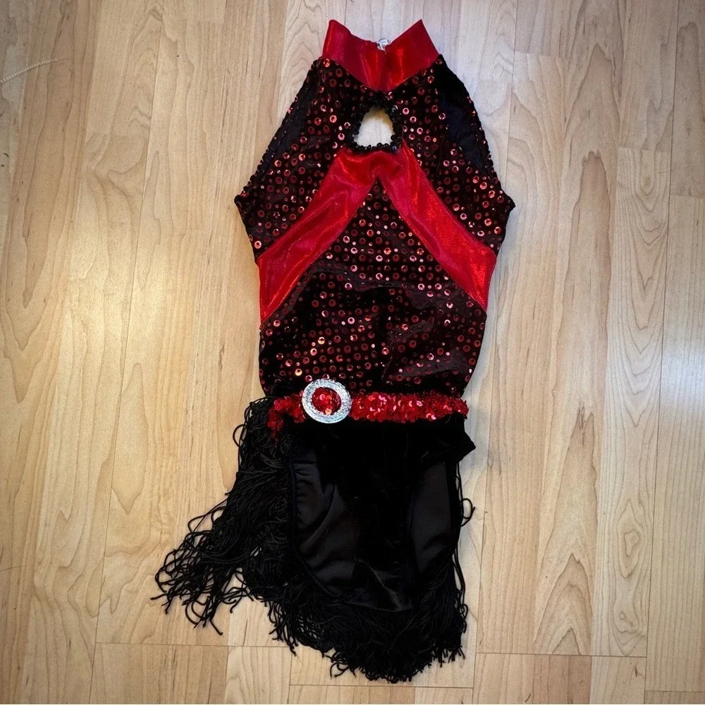 Leo's Costume Leotard Red Black Fringe Sequins Large Dance Tap Jazz Halloween